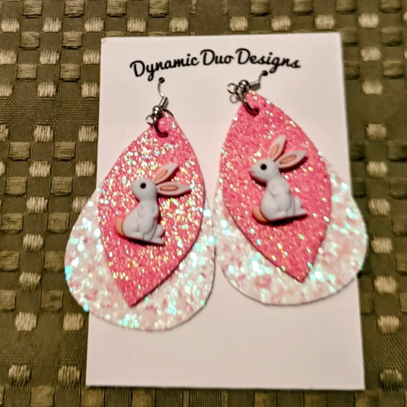 Barbie Pink Bunny Rabbit Glitter Earrings  Easter Brand New - Picture 2 of 9
